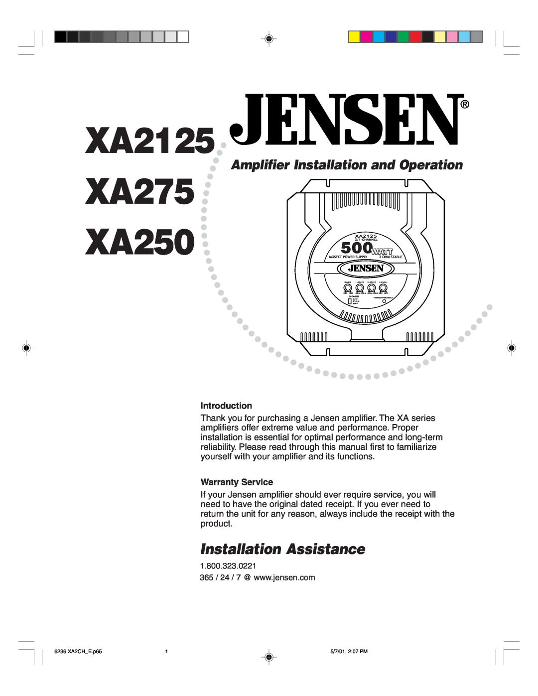 Jensen Tools warranty Installation Assistance, Introduction, Warranty Service, XA2125, XA275 XA250 