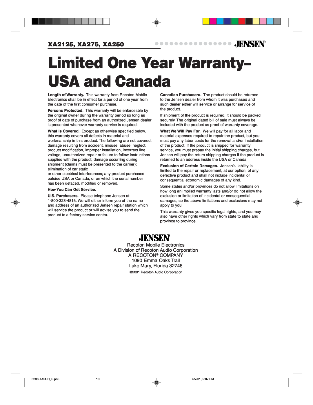 Jensen Tools warranty Limited One Year Warranty- USA and Canada, XA2125, XA275, XA250, Recoton Mobile Electronics 