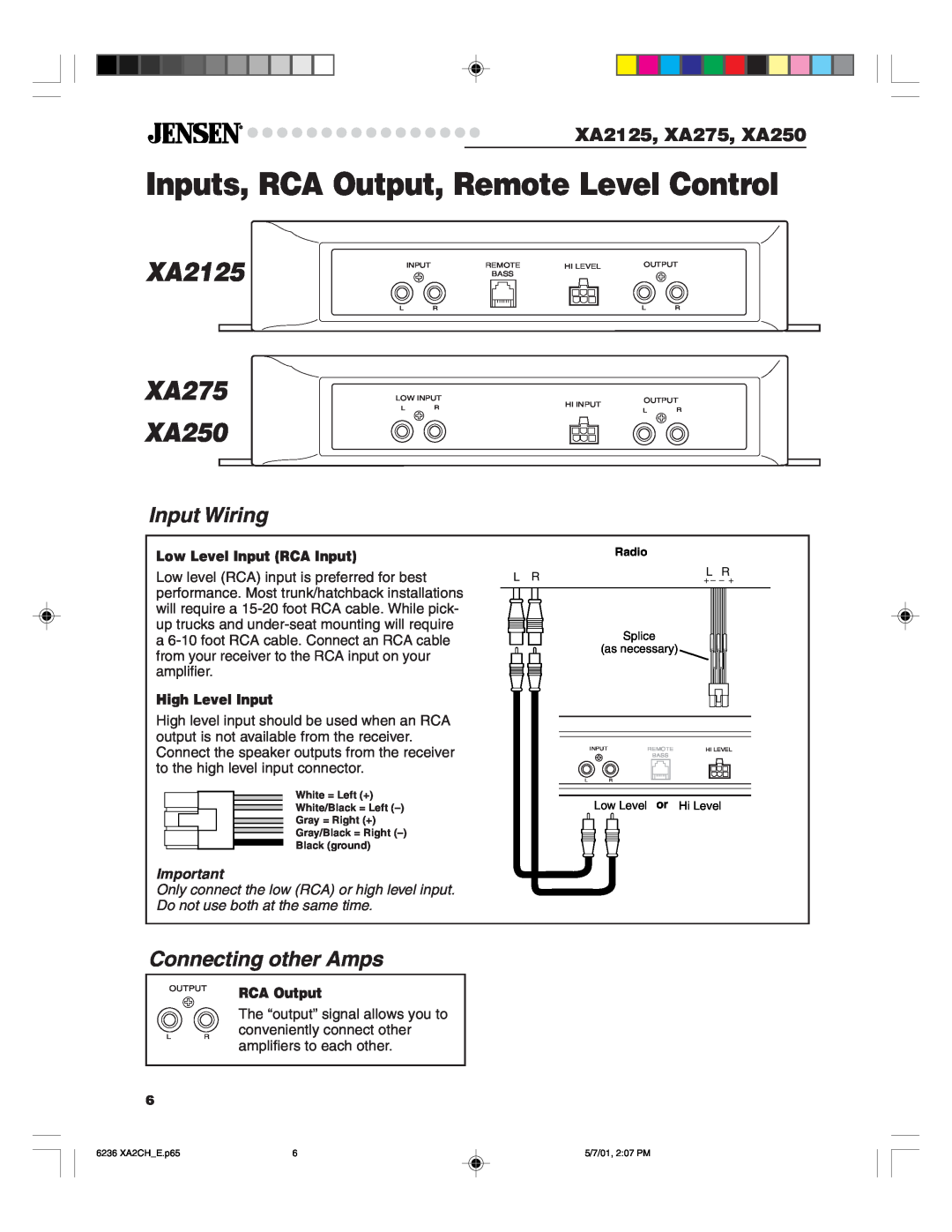 Jensen Tools warranty Inputs, RCA Output, Remote Level Control, XA2125 XA275 XA250, Input Wiring, Connecting other Amps 