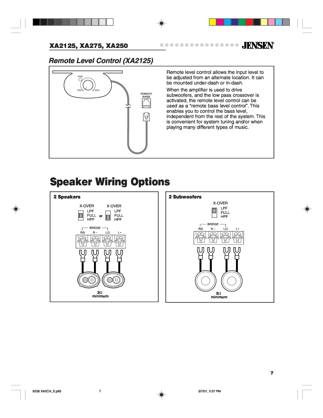Jensen Tools warranty Speaker Wiring Options, Remote Level Control XA2125, XA2125, XA275, XA250, Speakers, Subwoofers 