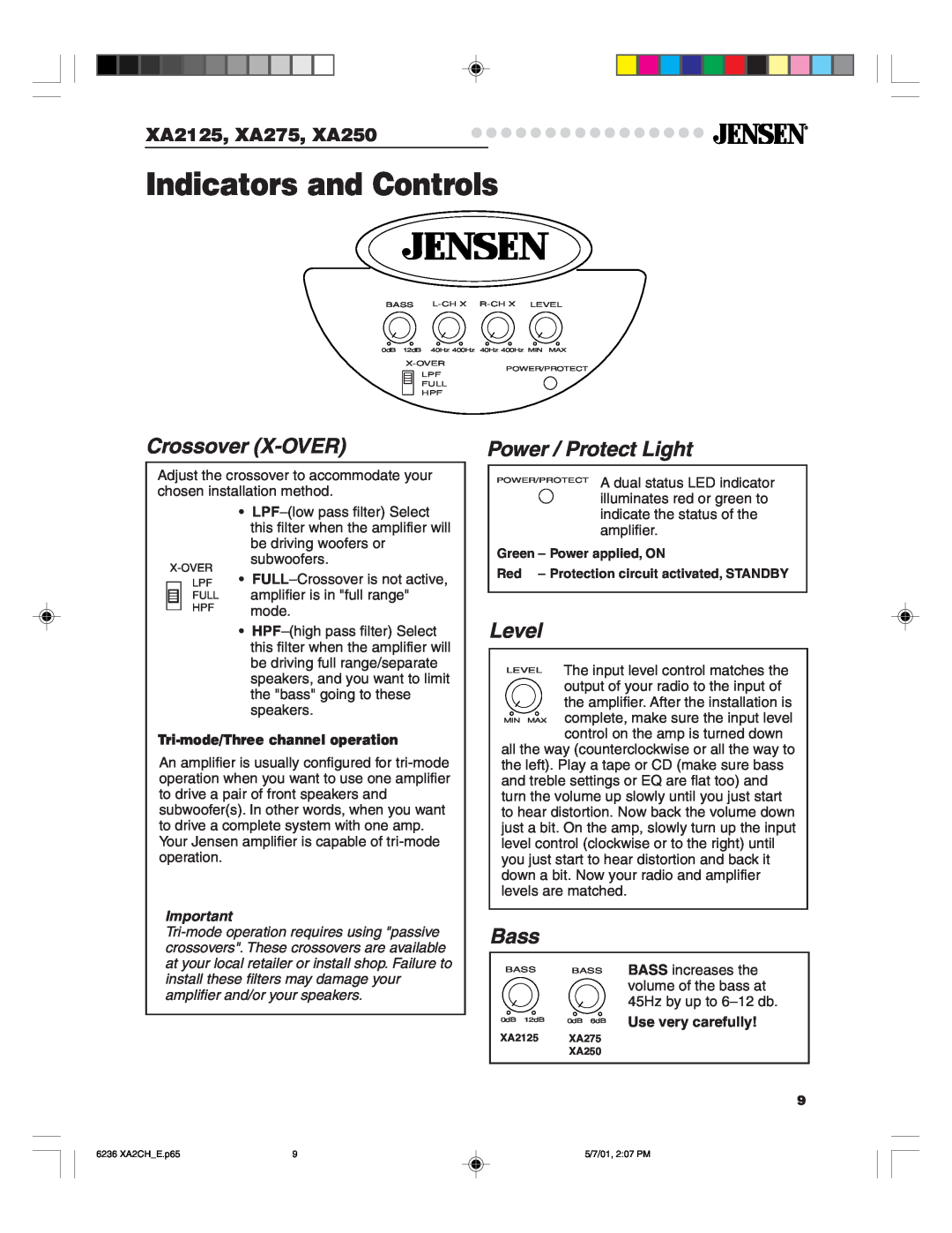Jensen Tools warranty Indicators and Controls, Crossover X-OVER, Power / Protect Light, Bass, XA2125, XA275, XA250 