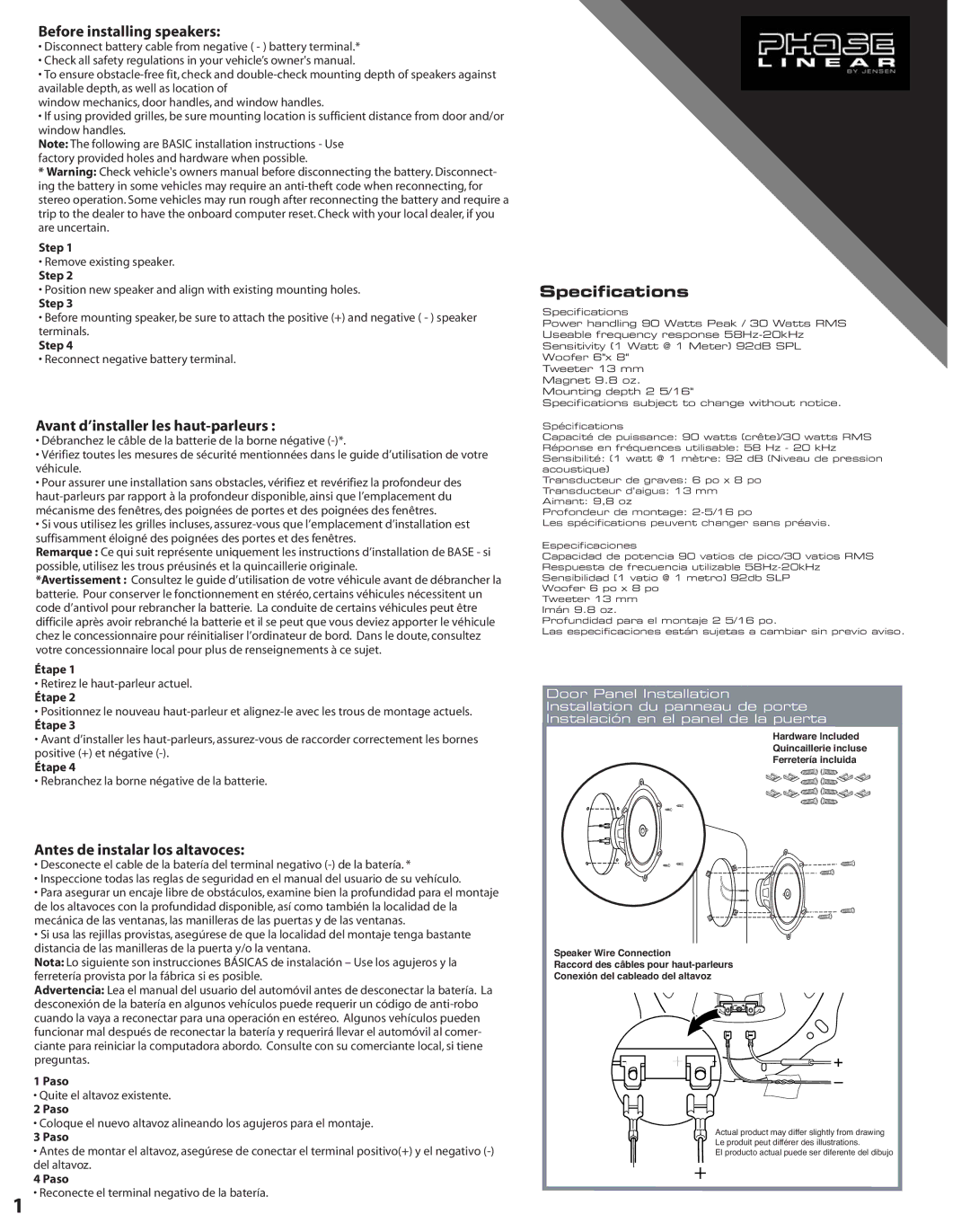 Jensen US268 owner manual Specifications 