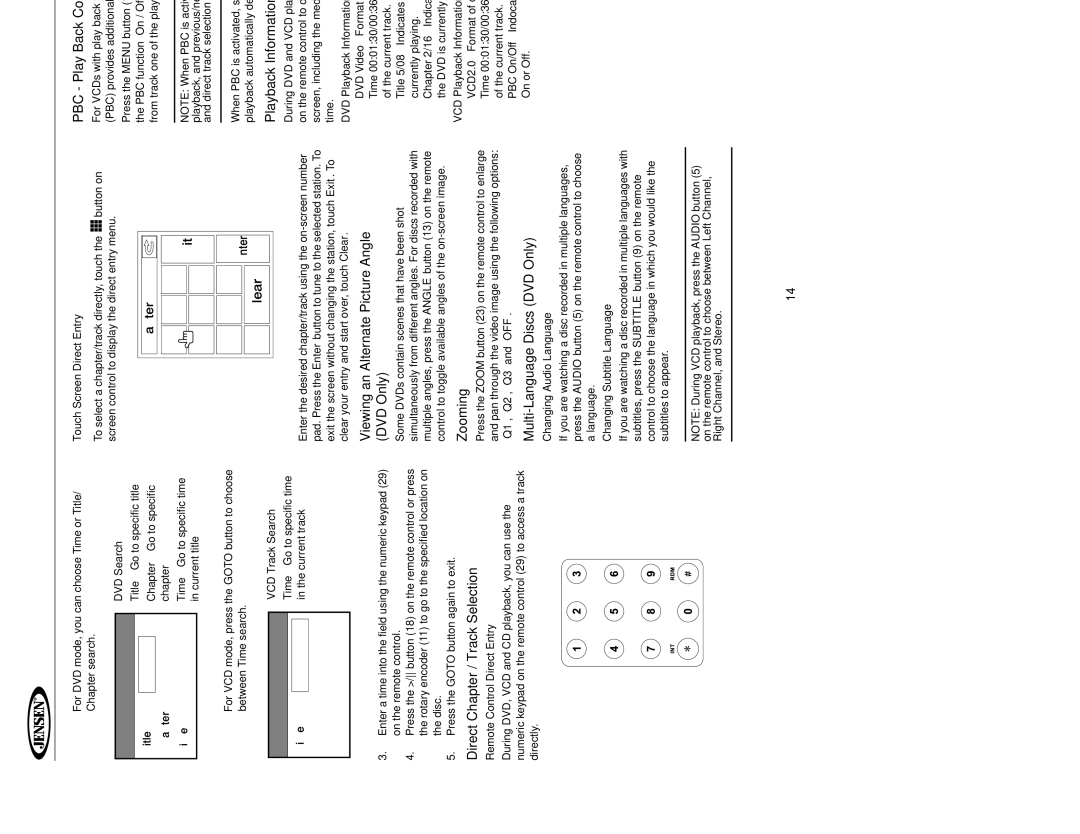 Jensen UV10 PBC Play Back Control VCD Only, Direct Chapter / Track Selection, Viewing an Alternate Picture Angle DVD Only 