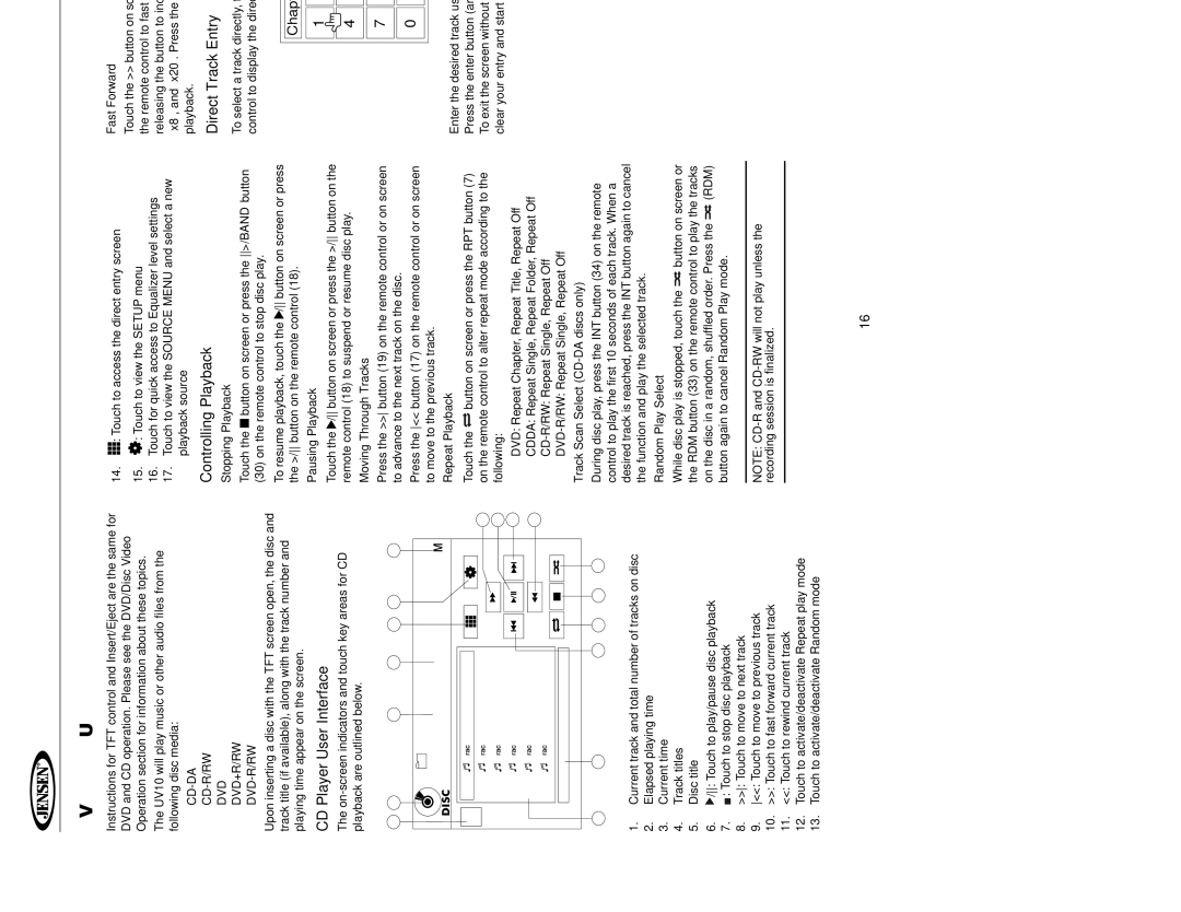 Jensen UV10 instruction manual DVD/CD Audio Operation, CD Player User Interface, Direct Track Entry 