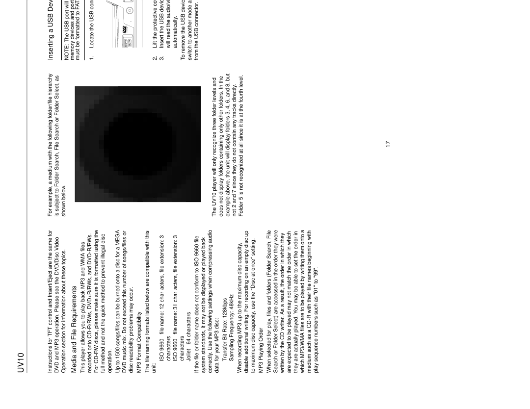 Jensen UV10 MP3/WMA Operation, Media and File Requirements, Inserting a USB Device, MP3 Format Compatibility 