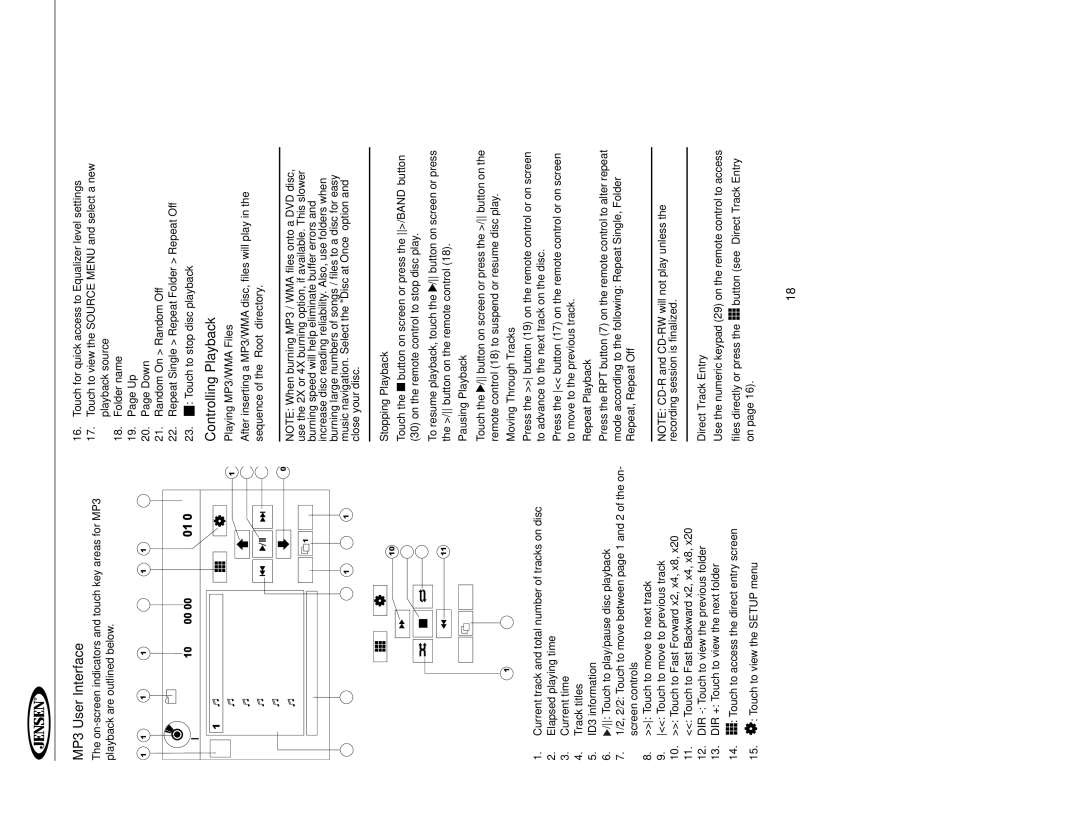 Jensen UV10 instruction manual MP3 User Interface, Playing MP3/WMA Files, Direct Track Entry 