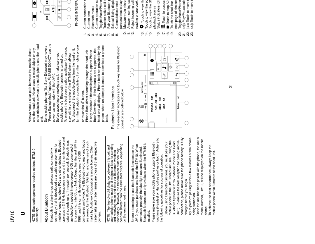 Jensen UV10 Bluetooth Operation, About Bluetooth, Bluetooth User Interface, Phone Interface Music Interface 