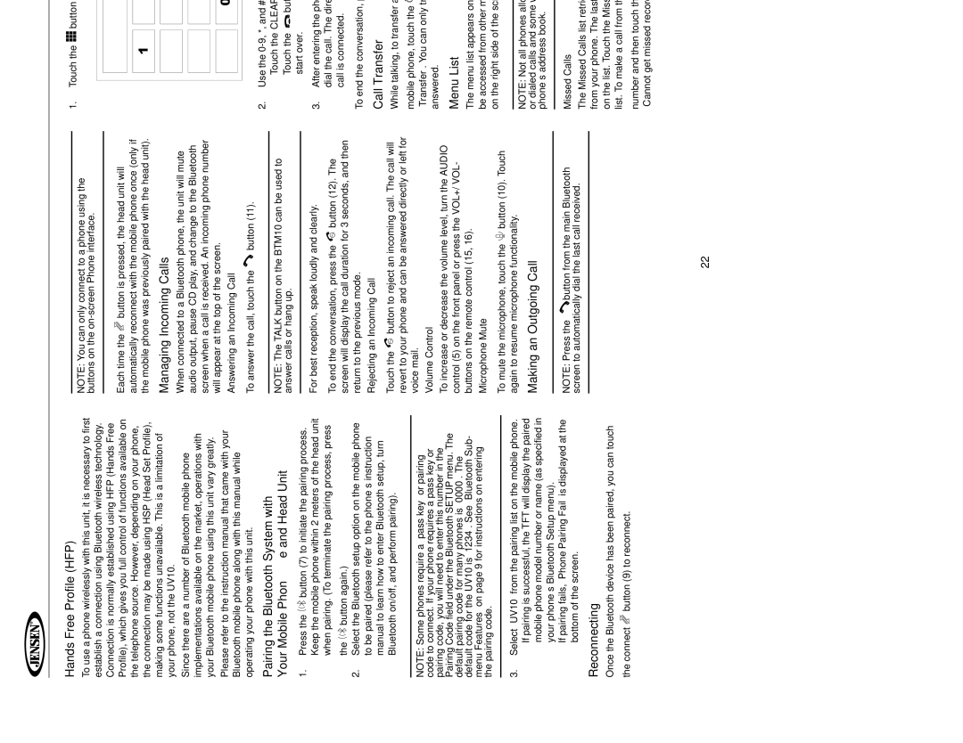 Jensen UV10 Hands Free Profile HFP, Reconnecting, Managing Incoming Calls, Making an Outgoing Call, Call Transfer 