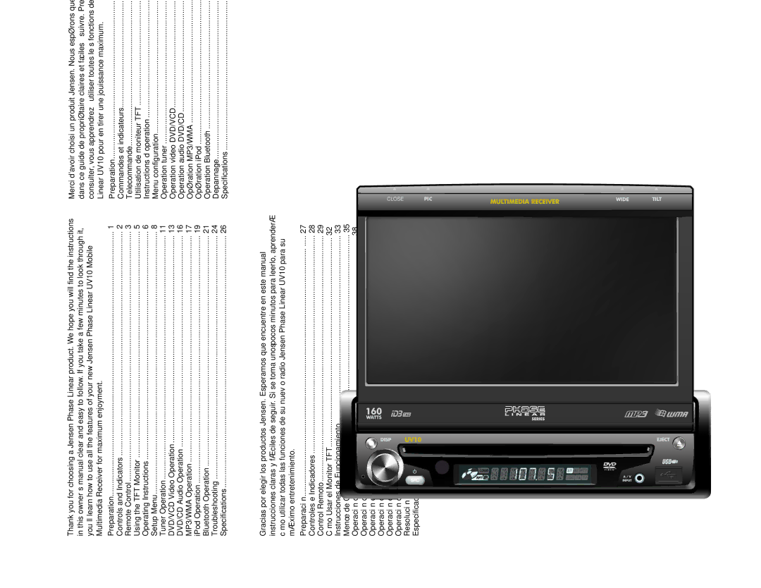 Jensen UV10 instruction manual Contents, Contenido, Table DES Matières 