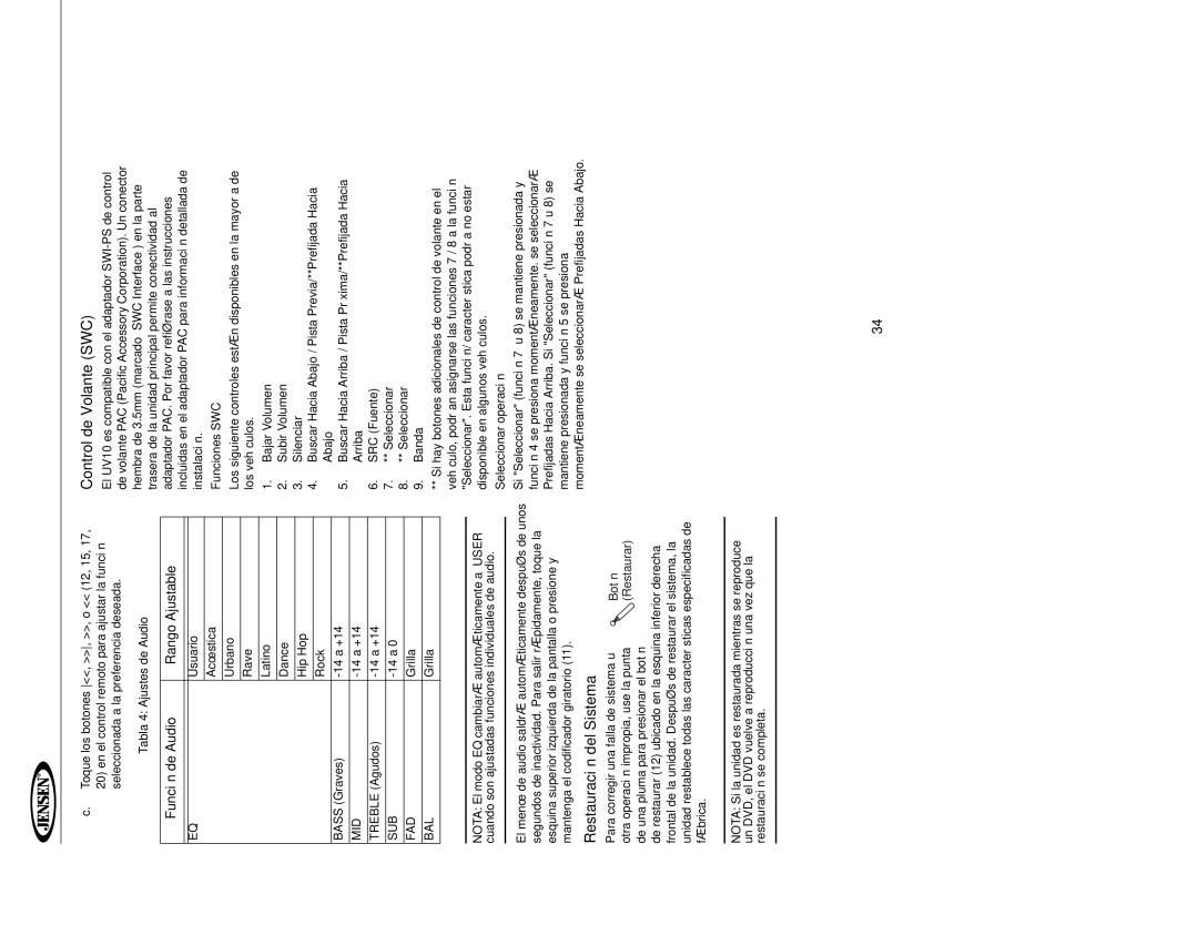 Jensen UV10 Restauración del Sistema, Control de Volante SWC, Función de Audio Rango Ajustable, Funciones SWC 