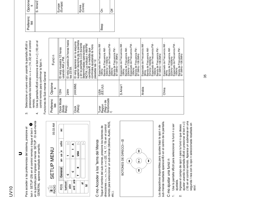 Jensen UV10 instruction manual Menú DE Configuración, Cómo Acceder a los Ítems del Menú, Cómo ajustar una función 