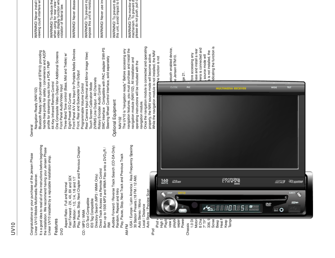 Jensen UV10 instruction manual Preparation, Features, Optional Equipment 