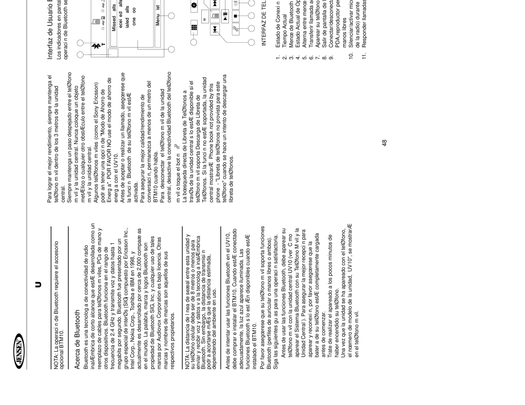 Jensen UV10 instruction manual Operación DE Bluetooth, Acerca de Bluetooth, Interfaz de Usuario Bluetooth 