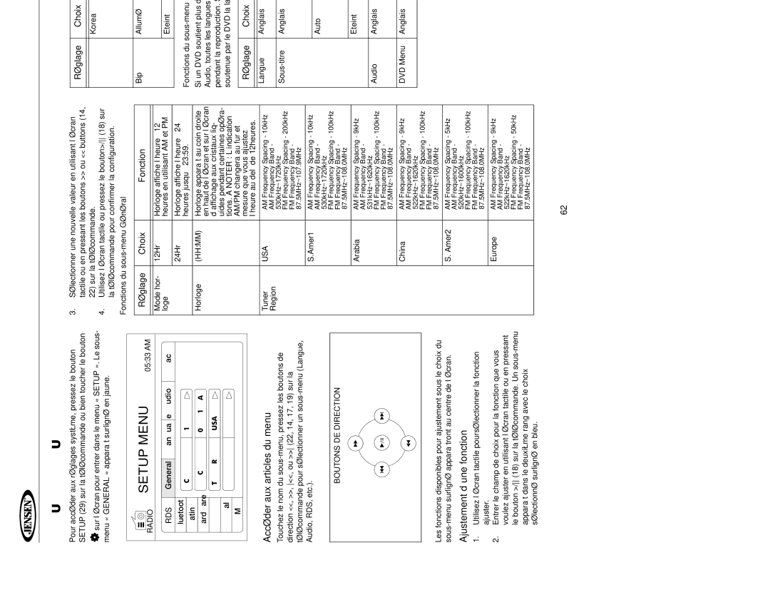 Jensen UV10 Menu Configuration, Accéder aux articles du menu, Ajustement d’une fonction, Réglage Choix Fonction 