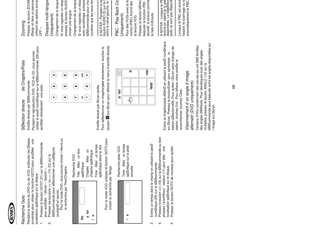 Jensen UV10 instruction manual Recherche Goto, Sélection directe de Chapitre/Piste, Disques multi-langue DVD Uniquement 