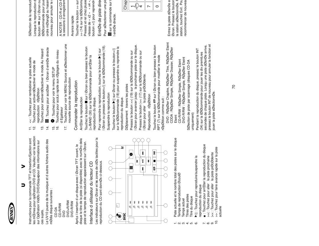 Jensen UV10 instruction manual Operation Audio DVD/CD, Interface d’utilisateur du lecteur CD, Entrée de piste directe 