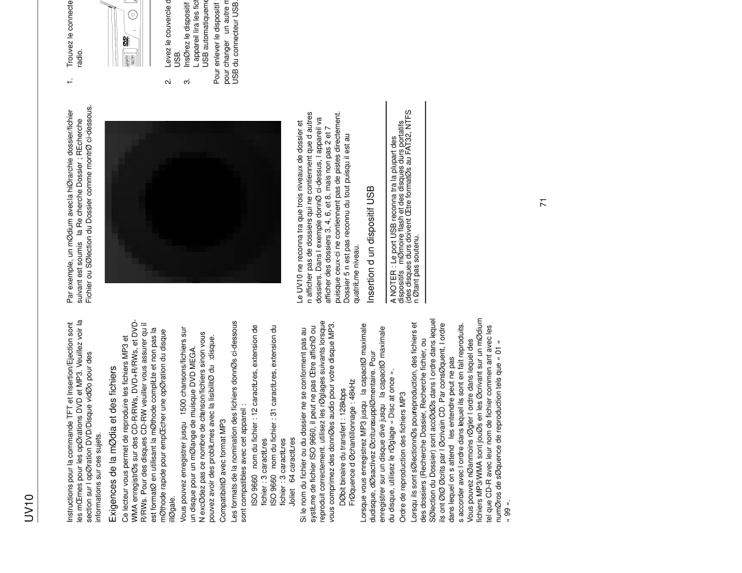 Jensen UV10 instruction manual Opération MP3/WMA, Exigences de la média et des fichiers, Insertion d’un dispositif USB 