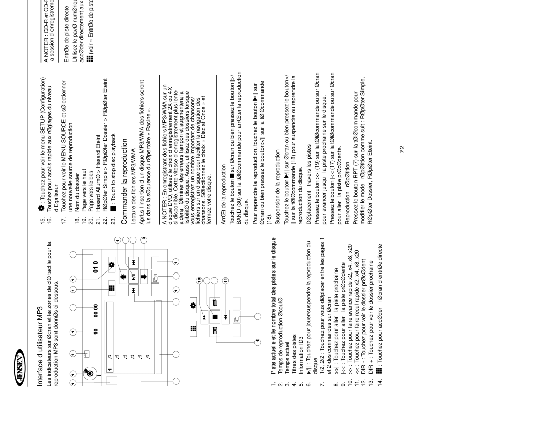 Jensen UV10 instruction manual Interface d’utilisateur MP3, Lecture des fichiers MP3/WMA, Suspension de la reproduction 