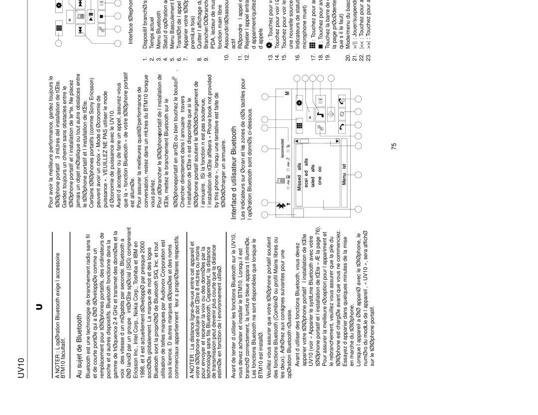 Jensen UV10 instruction manual Operation Bluetooth, Au sujet de Bluetooth, Interface d’utilisateur Bluetooth 