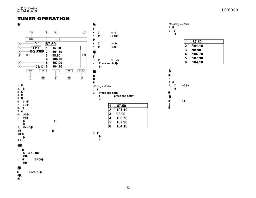 Jensen UV8020 operation manual Tuner Operation 