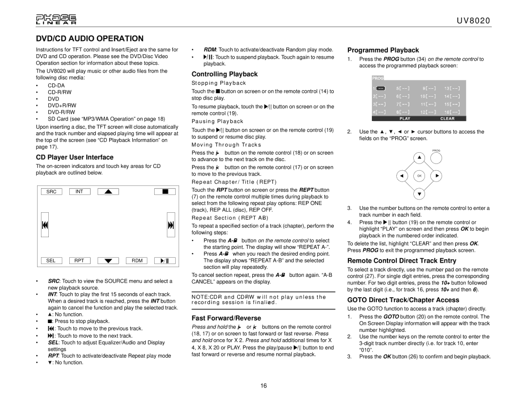 Jensen UV8020 operation manual DVD/CD Audio Operation, CD Player User Interface, Controlling Playback, Fast Forward/Reverse 