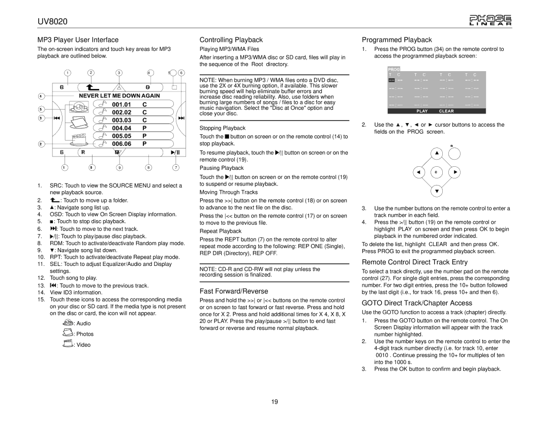 Jensen UV8020 operation manual MP3 Player User Interface, Never LET ME Down Again, Playing MP3/WMA Files, Repeat Playback 