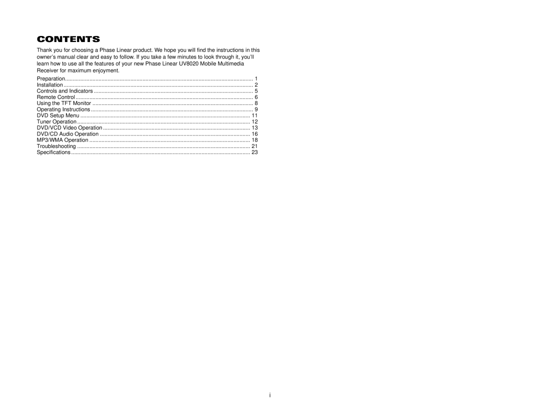 Jensen UV8020 operation manual Contents 