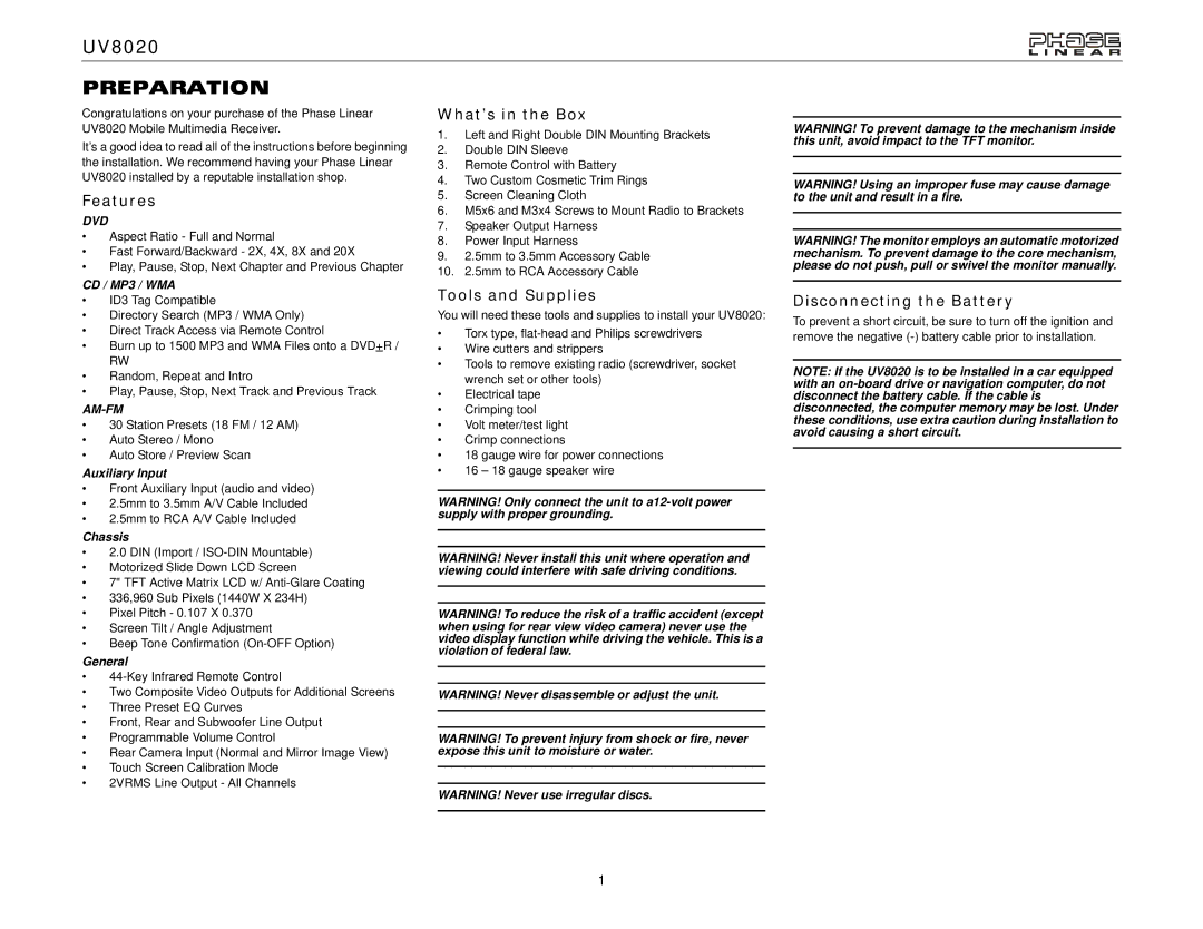 Jensen UV8020 operation manual Preparation, Features, What’s in the Box, Tools and Supplies, Disconnecting the Battery 