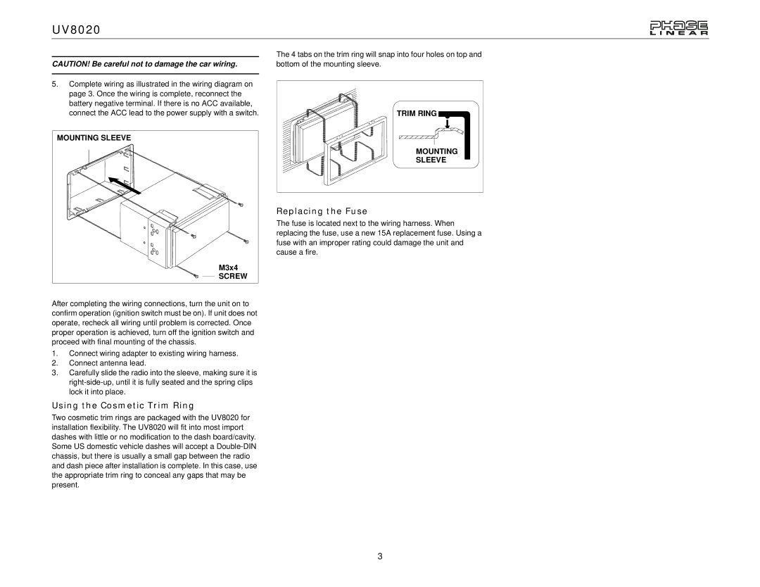 Jensen UV8020 operation manual Mounting Sleeve, Screw, Trim Ring, Optional 