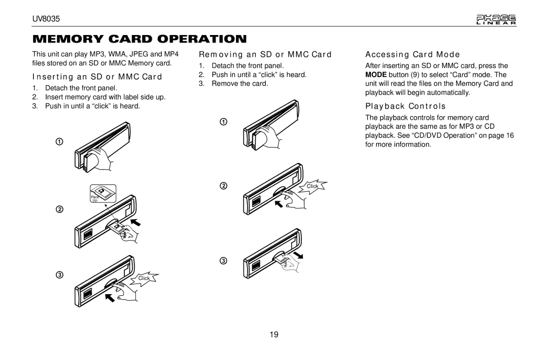 Jensen UV8035 Memory Card Operation, Inserting an SD or MMC Card, Removing an SD or MMC Card, Accessing Card Mode 