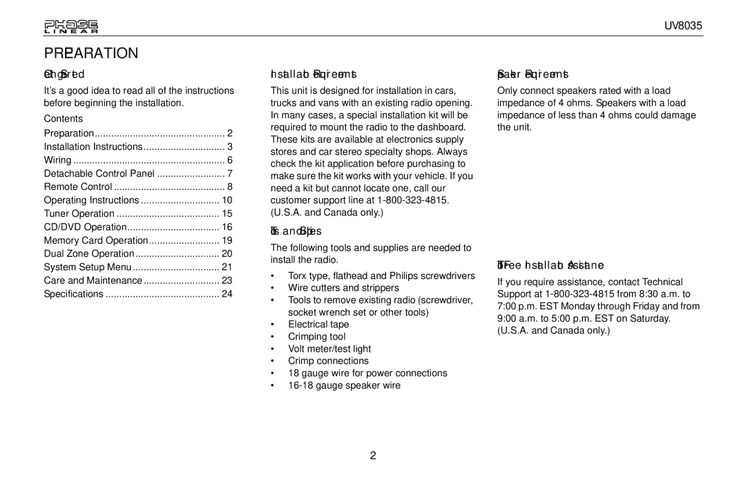 Jensen UV8035 owner manual Preparation 