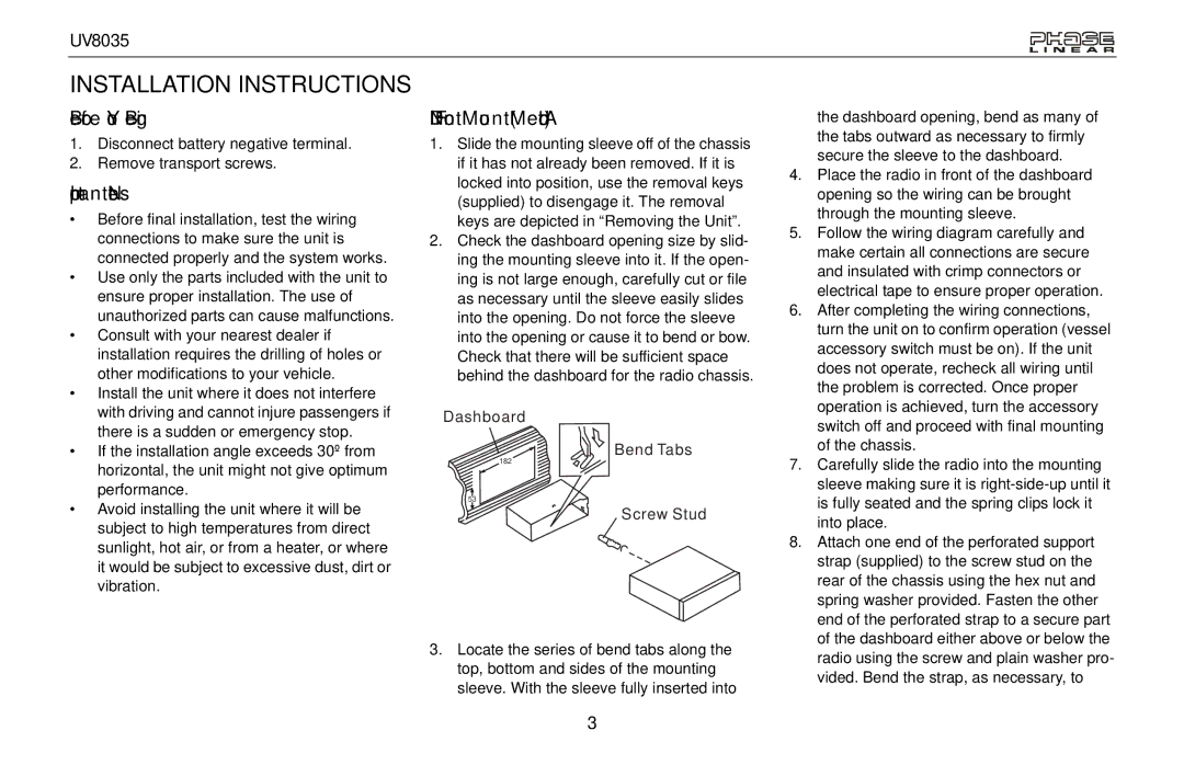 Jensen UV8035 owner manual Installation Instructions, Important Notes 