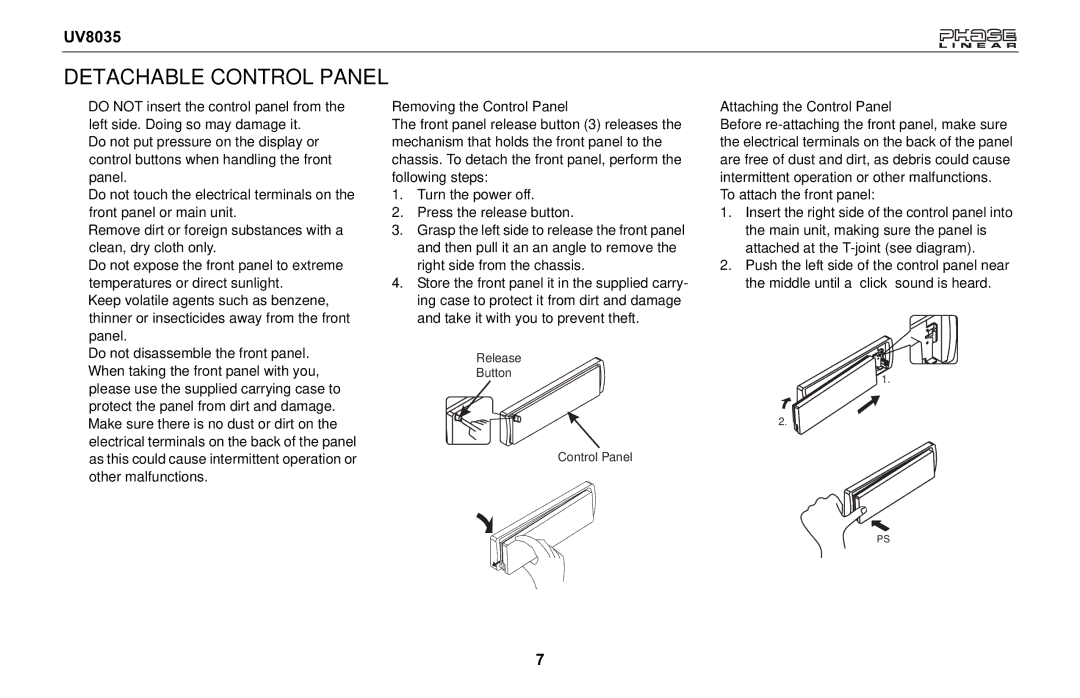 Jensen UV8035 owner manual Detachable Control Panel, Removing the Control Panel, Attaching the Control Panel 