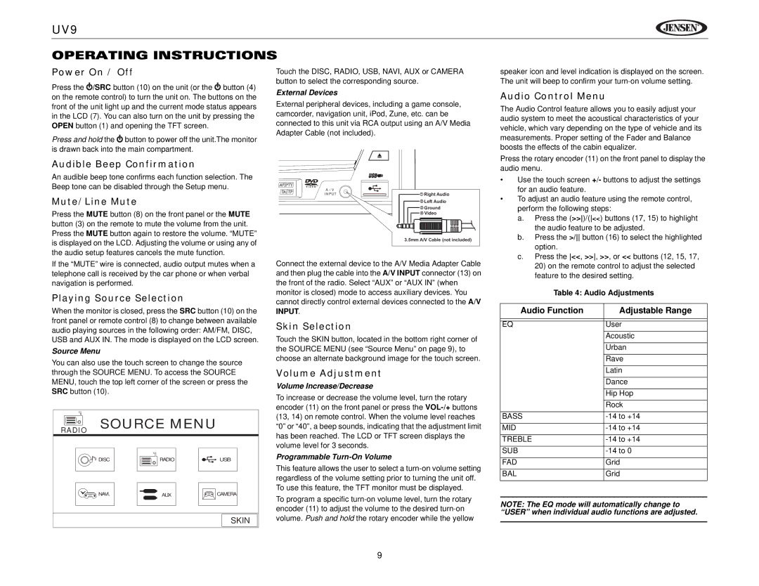 Jensen instruction manual UV9 Operating Instructions 