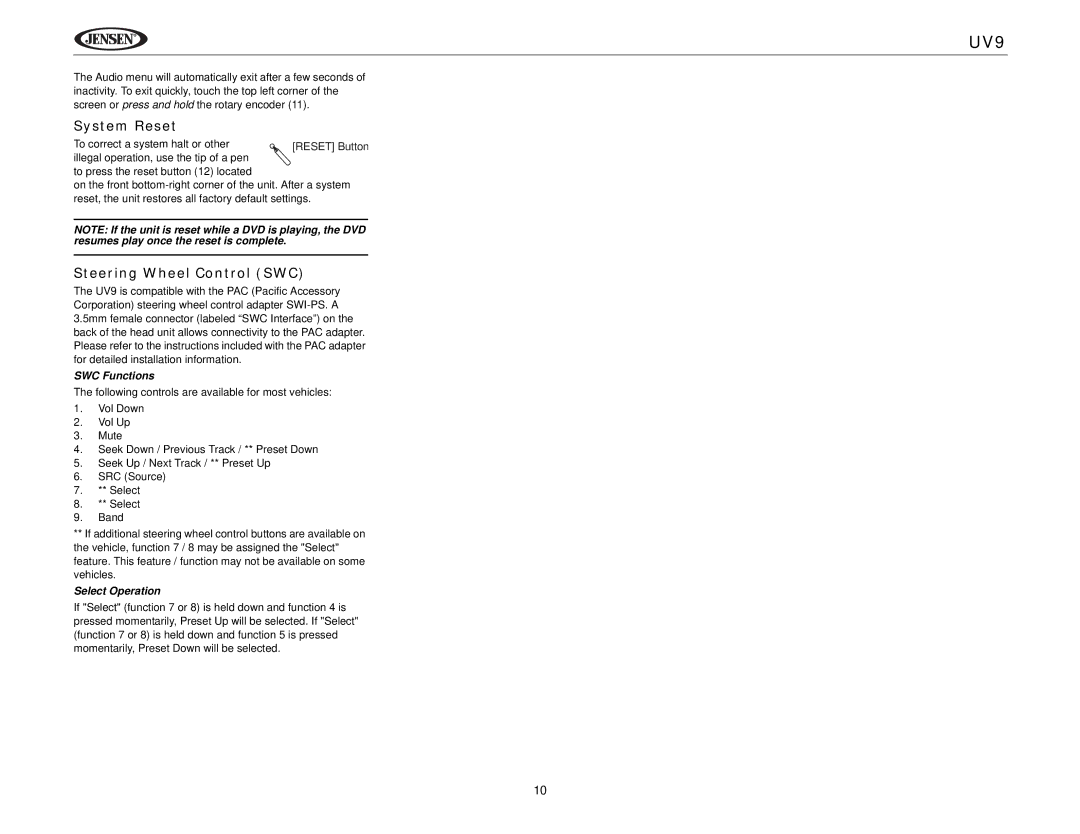 Jensen UV9 instruction manual System Reset, Steering Wheel Control SWC, SWC Functions, Select Operation 