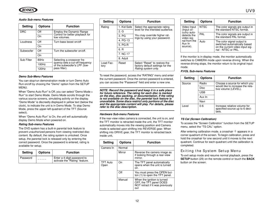 Jensen UV9 instruction manual Exiting the System Setup Menu 