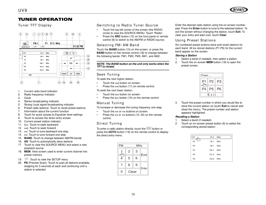 Jensen instruction manual UV9 Tuner Operation 