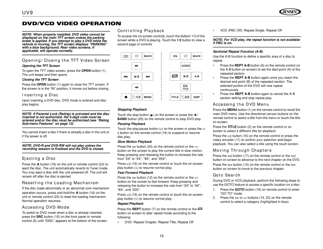 Jensen instruction manual UV9 DVD/VCD Video Operation 