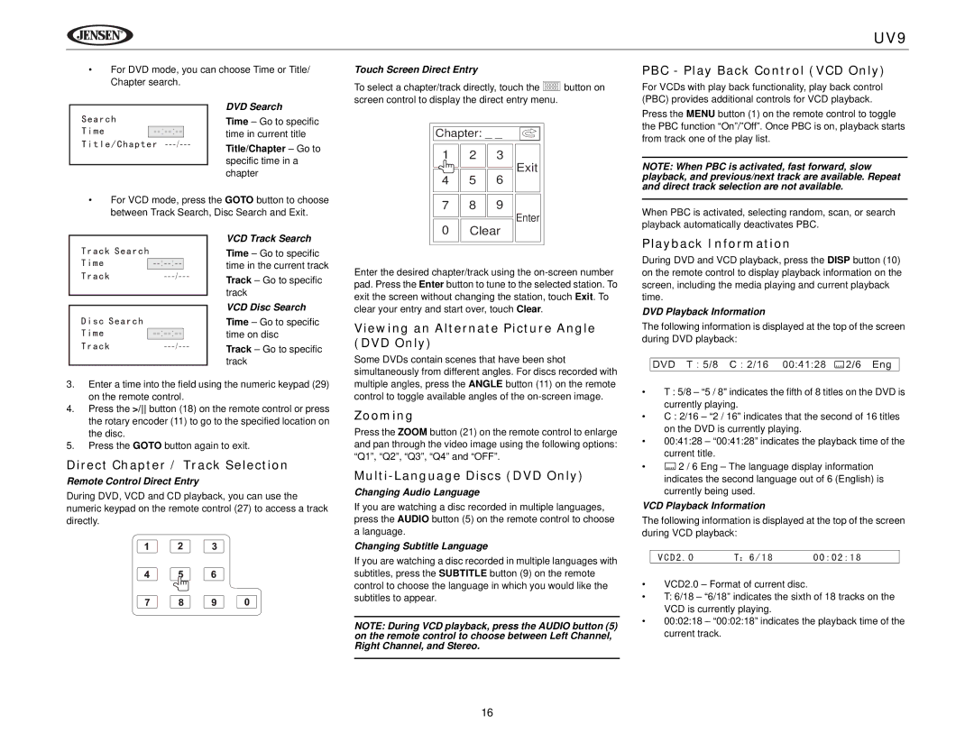 Jensen UV9 Direct Chapter / Track Selection, Viewing an Alternate Picture Angle DVD Only, Zooming, Playback Information 