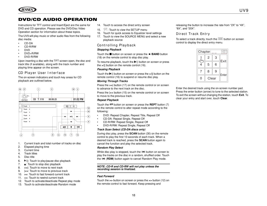 Jensen instruction manual UV9 DVD/CD Audio Operation, CD Player User Interface, Direct Track Entry 