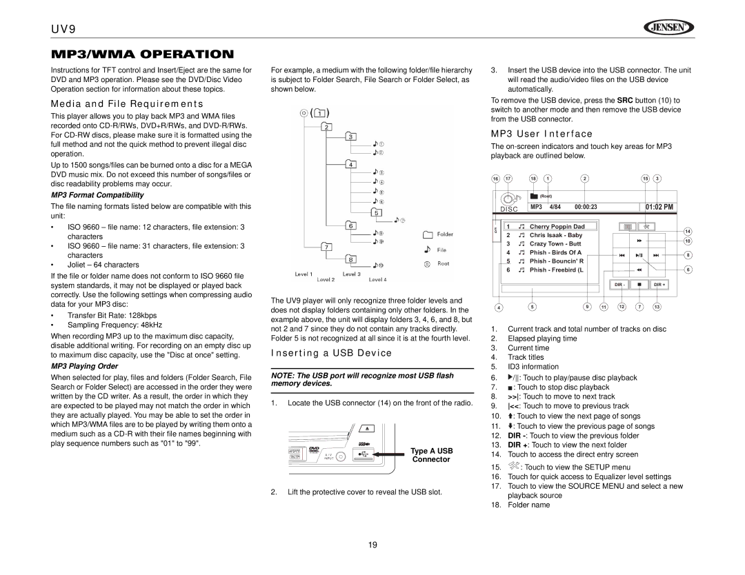 Jensen instruction manual UV9 MP3/WMA Operation, Media and File Requirements, Inserting a USB Device, MP3 User Interface 