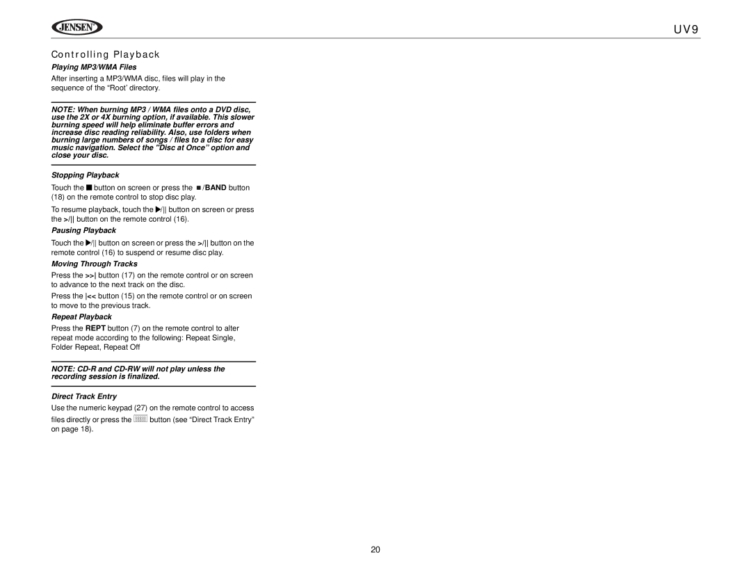 Jensen UV9 instruction manual Playing MP3/WMA Files, Direct Track Entry 