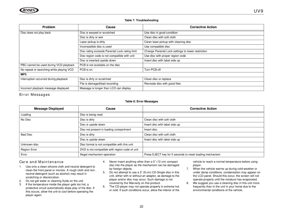 Jensen UV9 instruction manual Error Messages, Care and Maintenance, Message Displayed Cause Corrective Action, MP3 