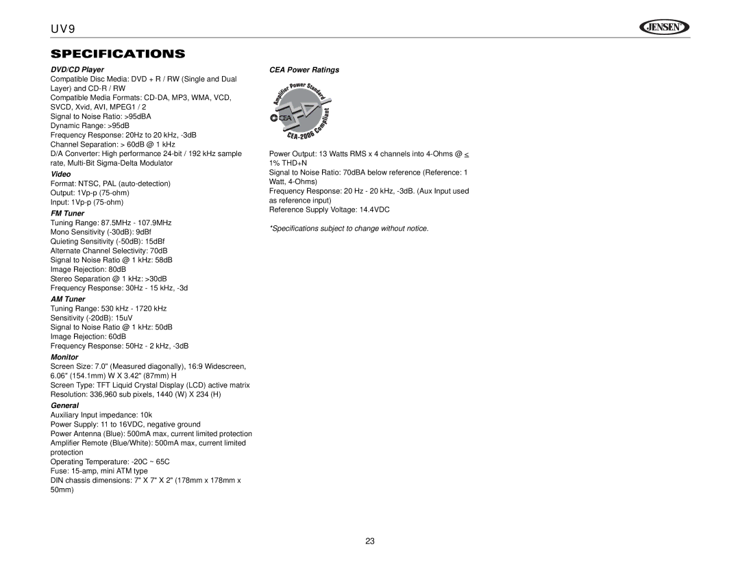 Jensen instruction manual UV9 Specifications 