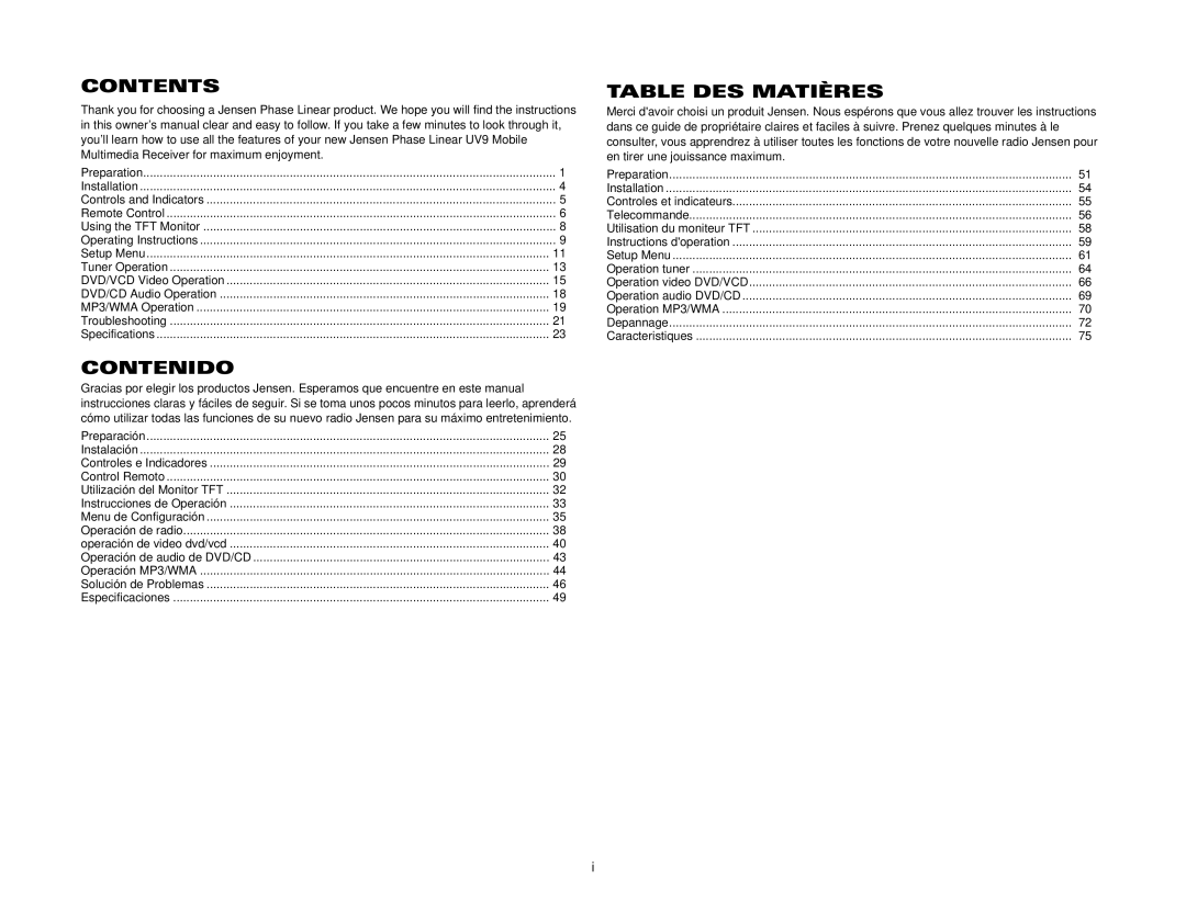 Jensen UV9 instruction manual Contents, Contenido, Table DES Matières 