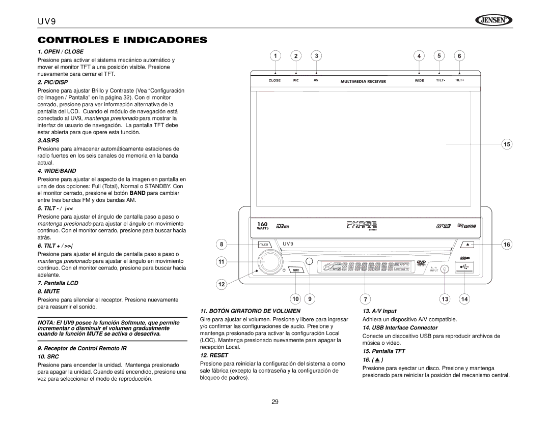 Jensen instruction manual UV9 Controles E Indicadores, Pantalla LCD, Receptor de Control Remoto IR SRC, Pantalla TFT 