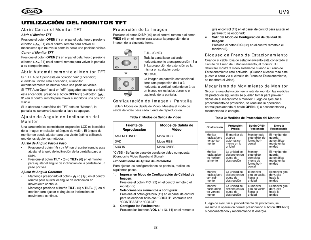 Jensen instruction manual UV9 Utilización DEL Monitor TFT 