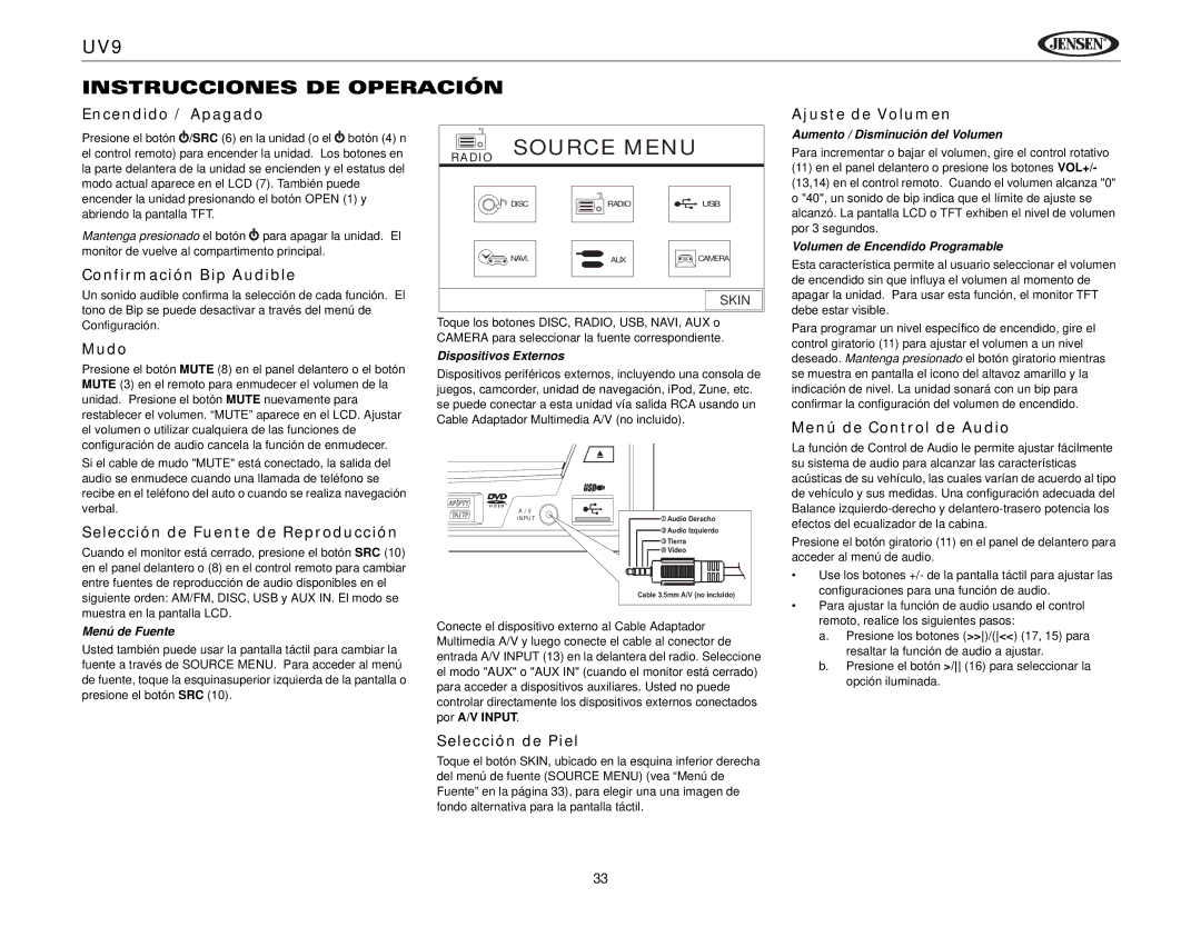 Jensen instruction manual UV9 Instrucciones DE Operación 