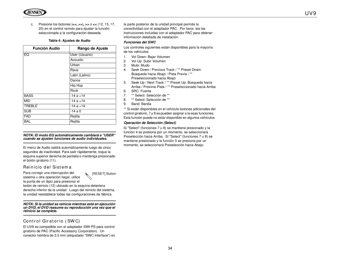 Jensen UV9 instruction manual Reinicio del Sistema, Control Giratorio SWC, Función Audio Rango de Ajuste, Funciones del SWC 