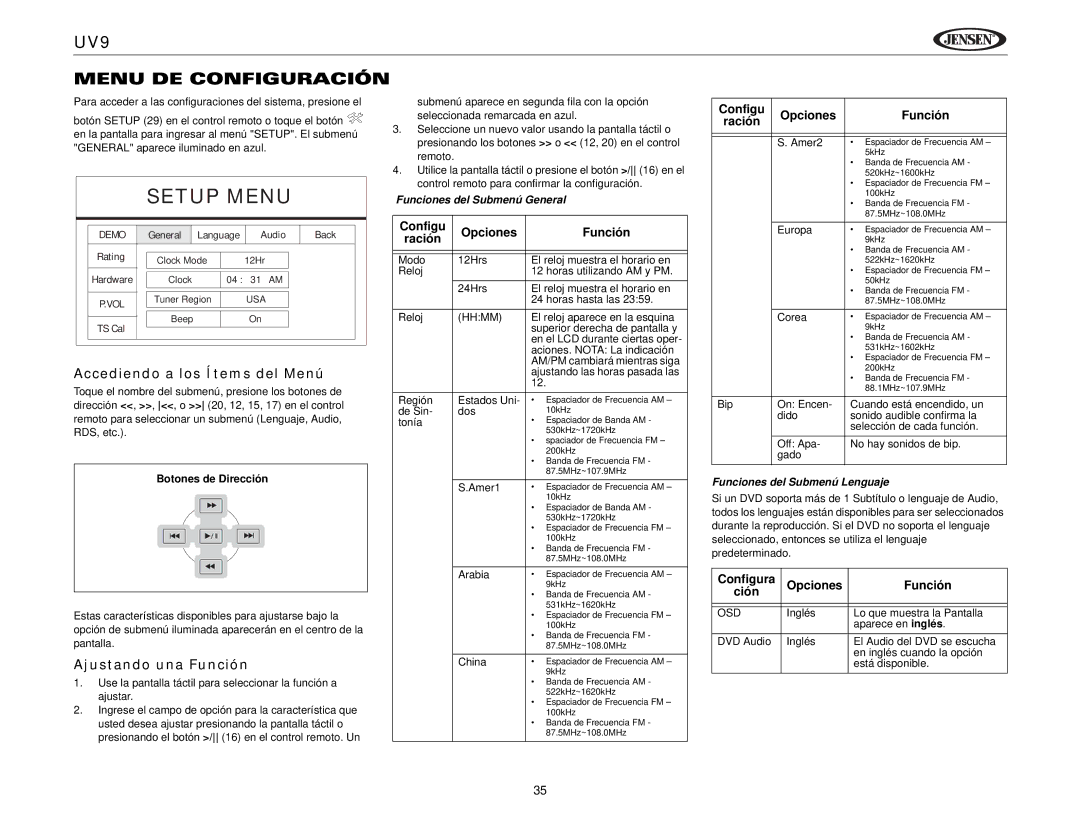 Jensen instruction manual UV9 Menu DE Configuración, Accediendo a los Ítems del Menú, Ajustando una Función 